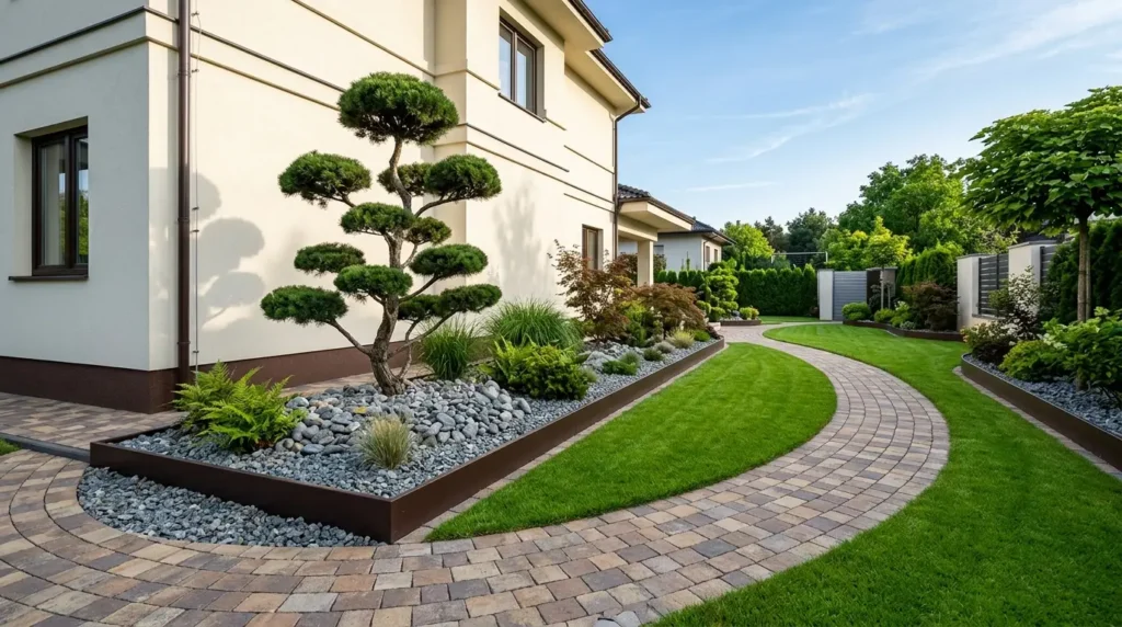 Vue plongeante sur la transition entre une pelouse d'un vert éclatant parfaitement entretenue, un chemin de pierres imbriquées et un parterre de rocaille grise dans une cour latérale. Vue plongeante sur la transition entre une pelouse d'un vert éclatant parfaitement entretenue, un chemin de pierres imbriquées et un parterre de rocaille grise dans une cour latérale.