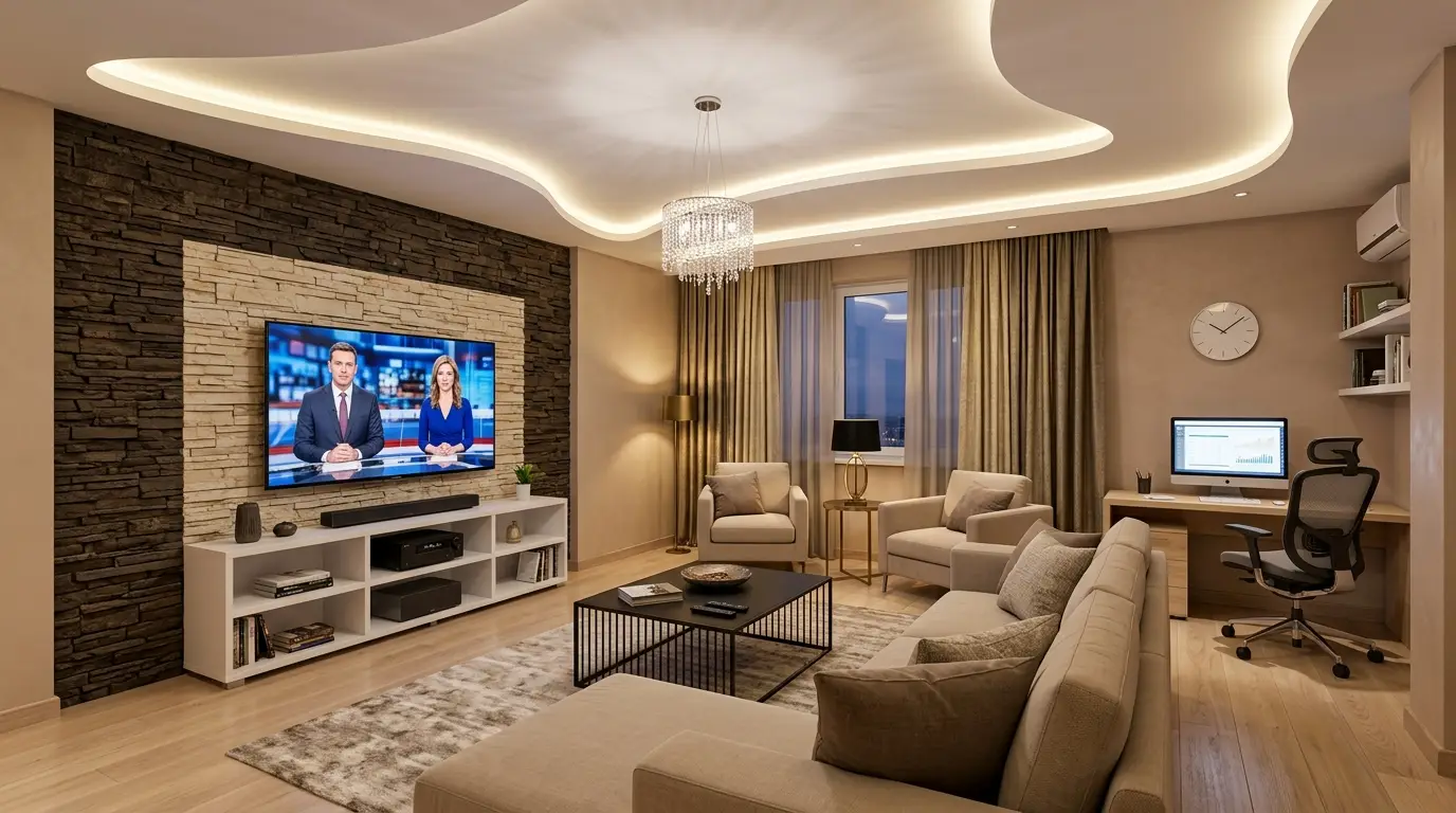 High-contrast modern living room design pairing dark brown and pale tan stack-stone behind a white media console, accompanied by a light wood desk workspace. High-contrast modern living room design pairing dark brown and pale tan stack-stone behind a white media console, accompanied by a light wood desk workspace.