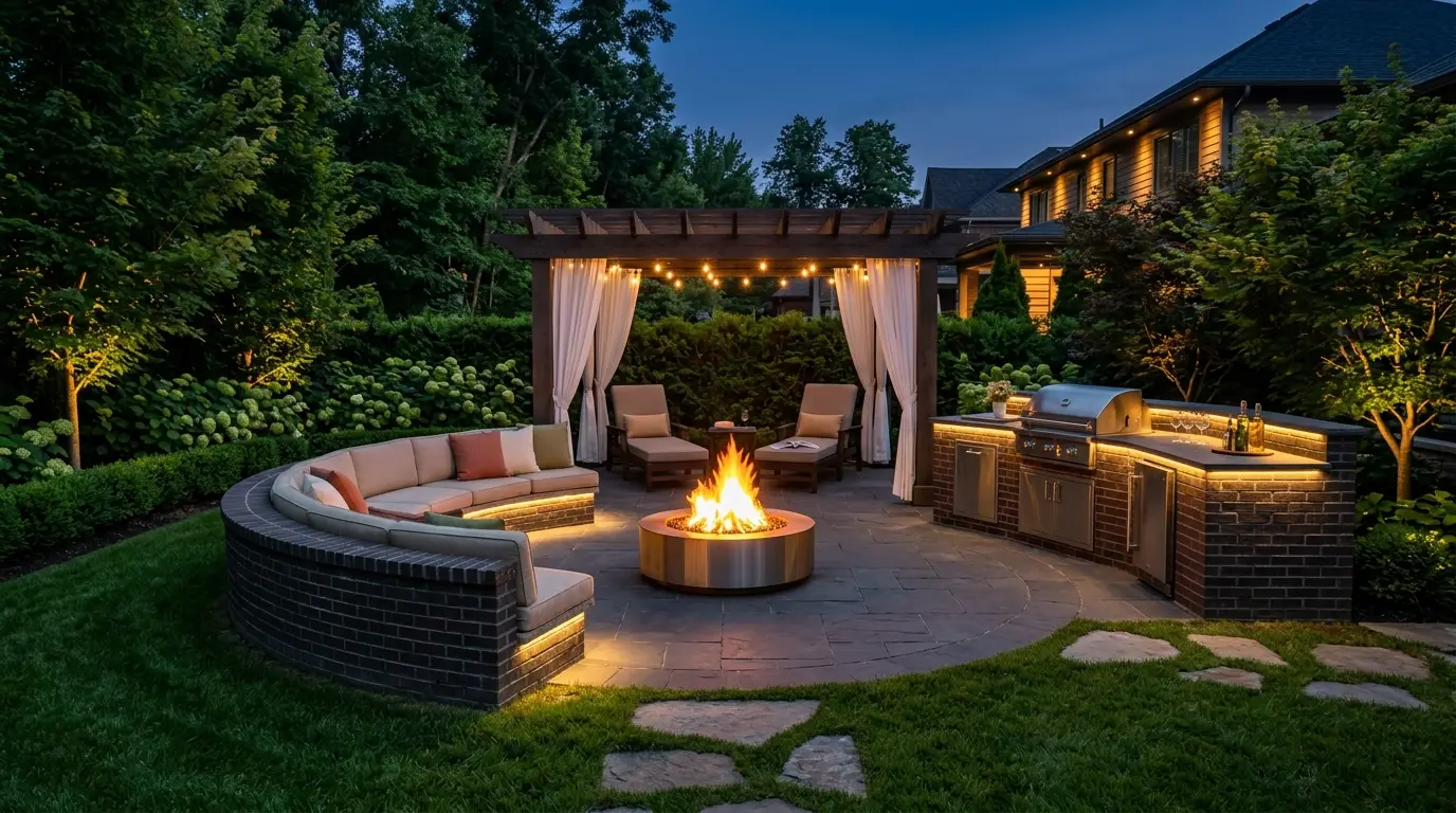 An outdoor kitchen and circular fire pit seating area beautifully illuminated at twilight with warm LED landscape lighting and a roaring fire.