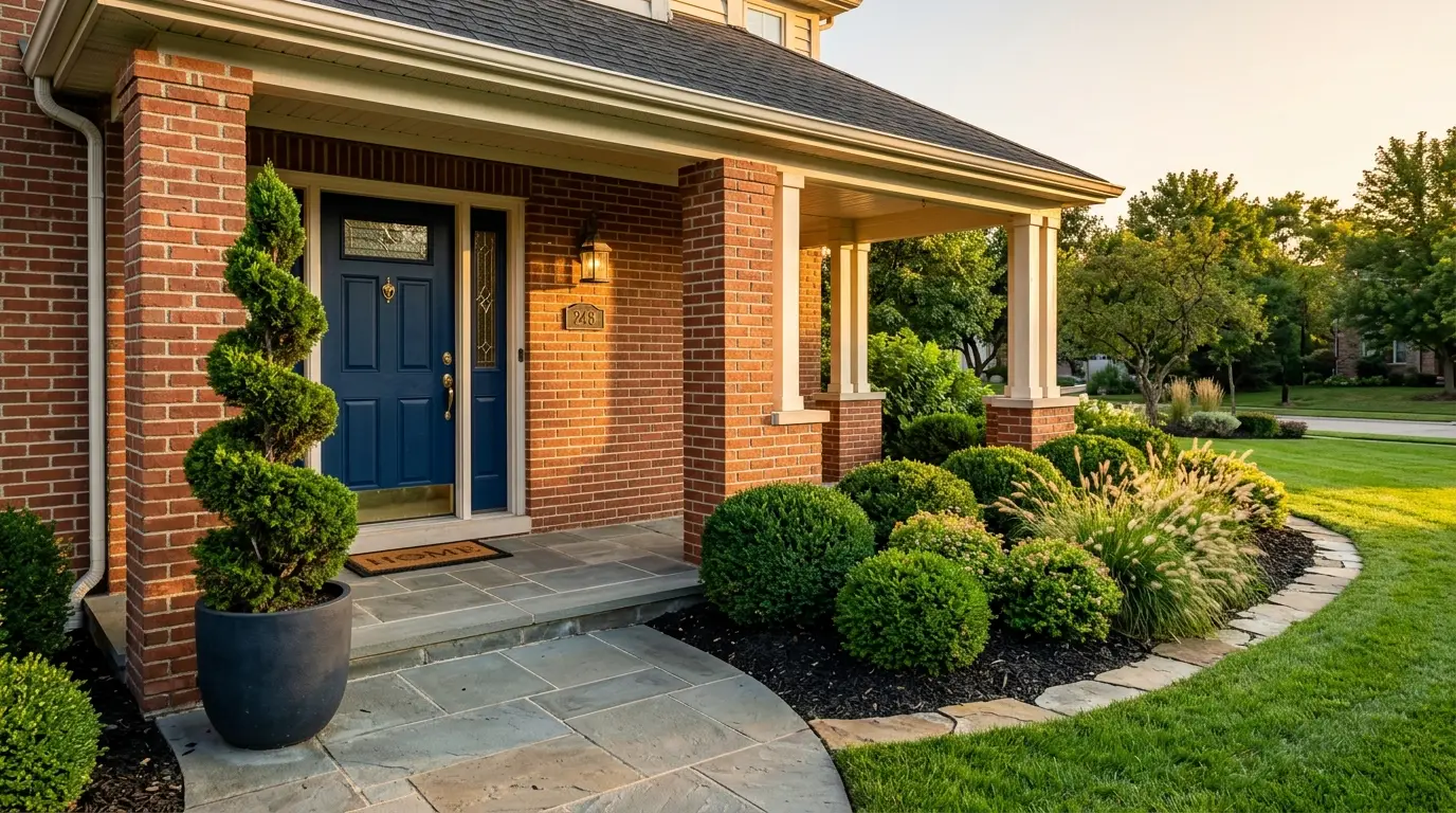 A traditional suburban front porch featuring a rich navy blue front door, brick pillars, a spiral topiary, and spherical green shrubs.