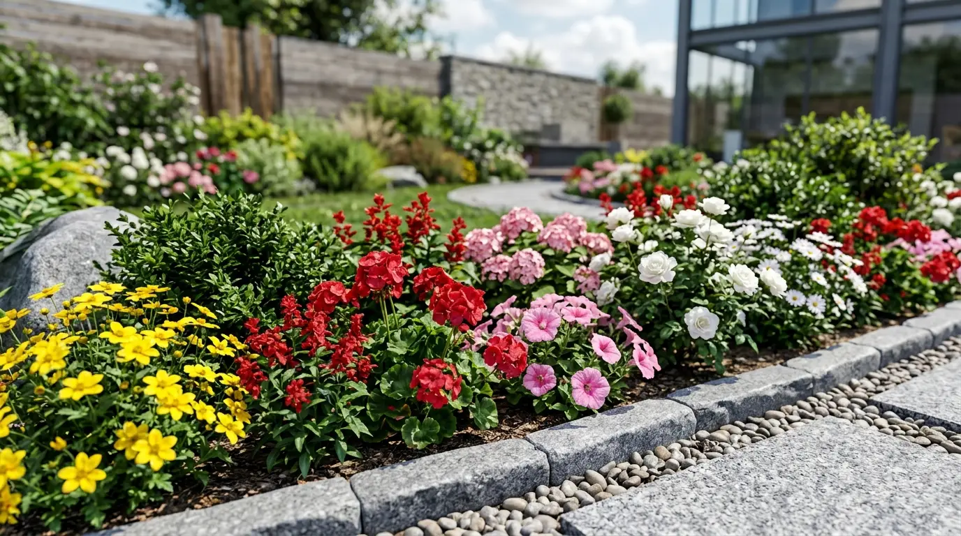 Vibrant red, pink, and white flowers in the foreground of a modern landscaped garden.