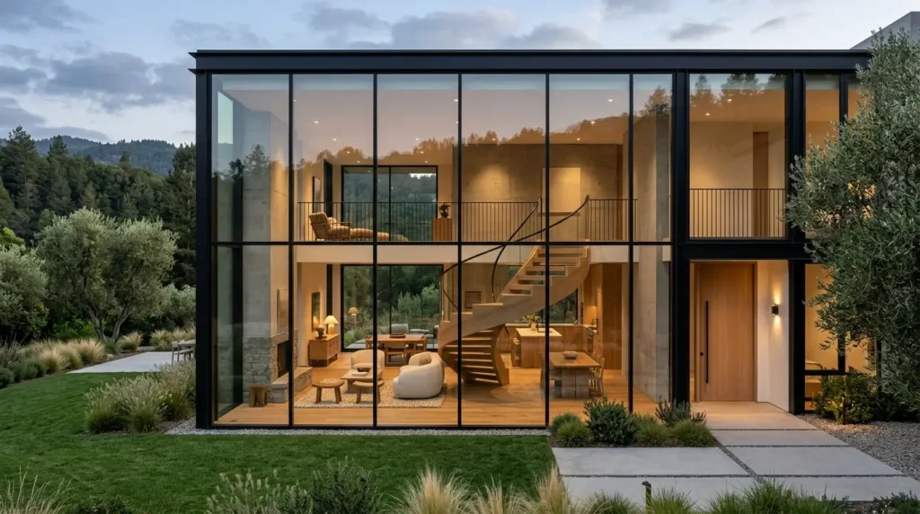 Double-height floor-to-ceiling glass windows on the front elevation of a modern minimalist home.