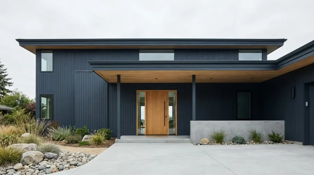 Deep slate navy modern house exterior with a natural oak wood pivot door and soft grey concrete accents. Deep slate navy modern house exterior with a natural oak wood pivot door and soft grey concrete accents.
