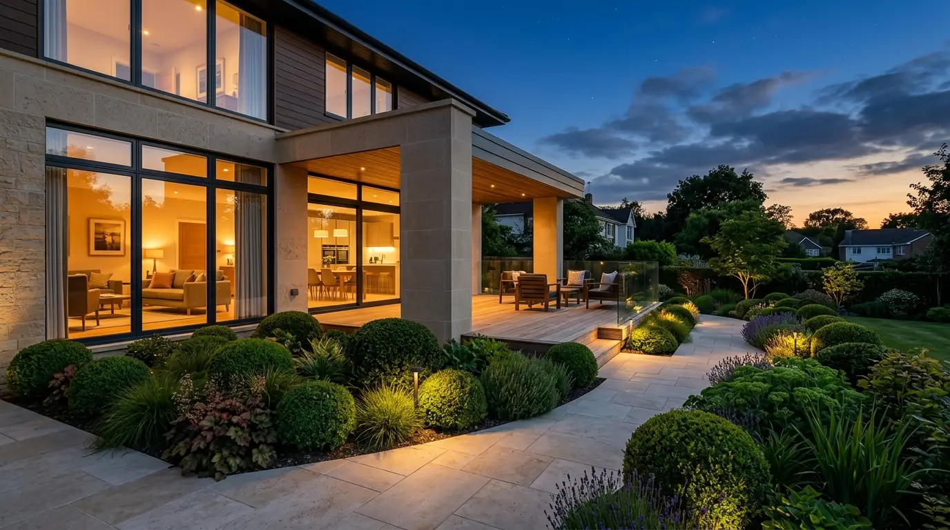 Evening view of a modern suburban garden with warm interior light and subtle path lighting.