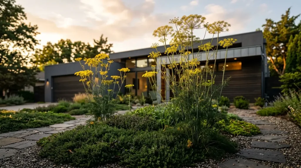 Flowering edible dill with wide yellow umbels acting as a tall architectural plant in a modern landscape at sunset. Flowering edible dill with wide yellow umbels acting as a tall architectural plant in a modern landscape at sunset.