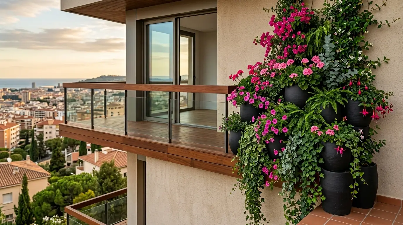 An asymmetrical, artistic arrangement of pink cascading flowers on one corner of a modern balcony.