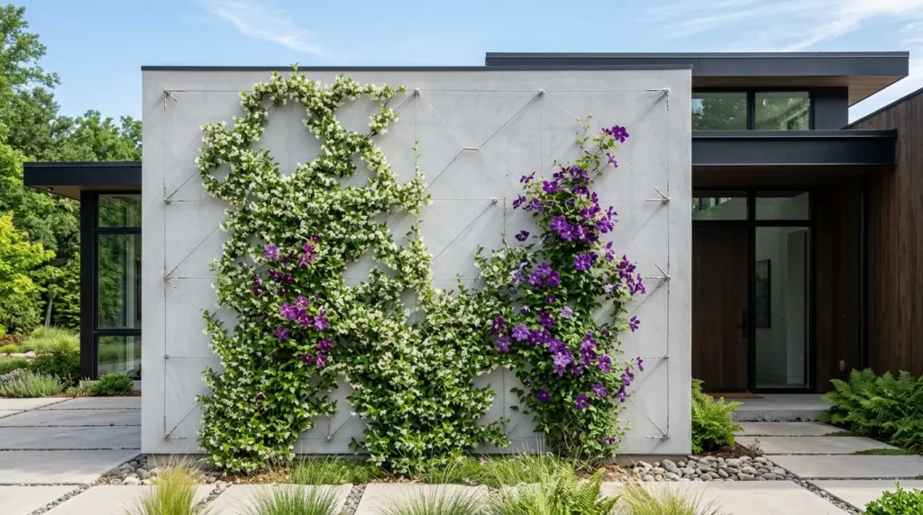 Vertical floral trellis with climbing jasmine and clematis on a modern grey stucco wall. Vertical floral trellis with climbing jasmine and clematis on a modern grey stucco wall.