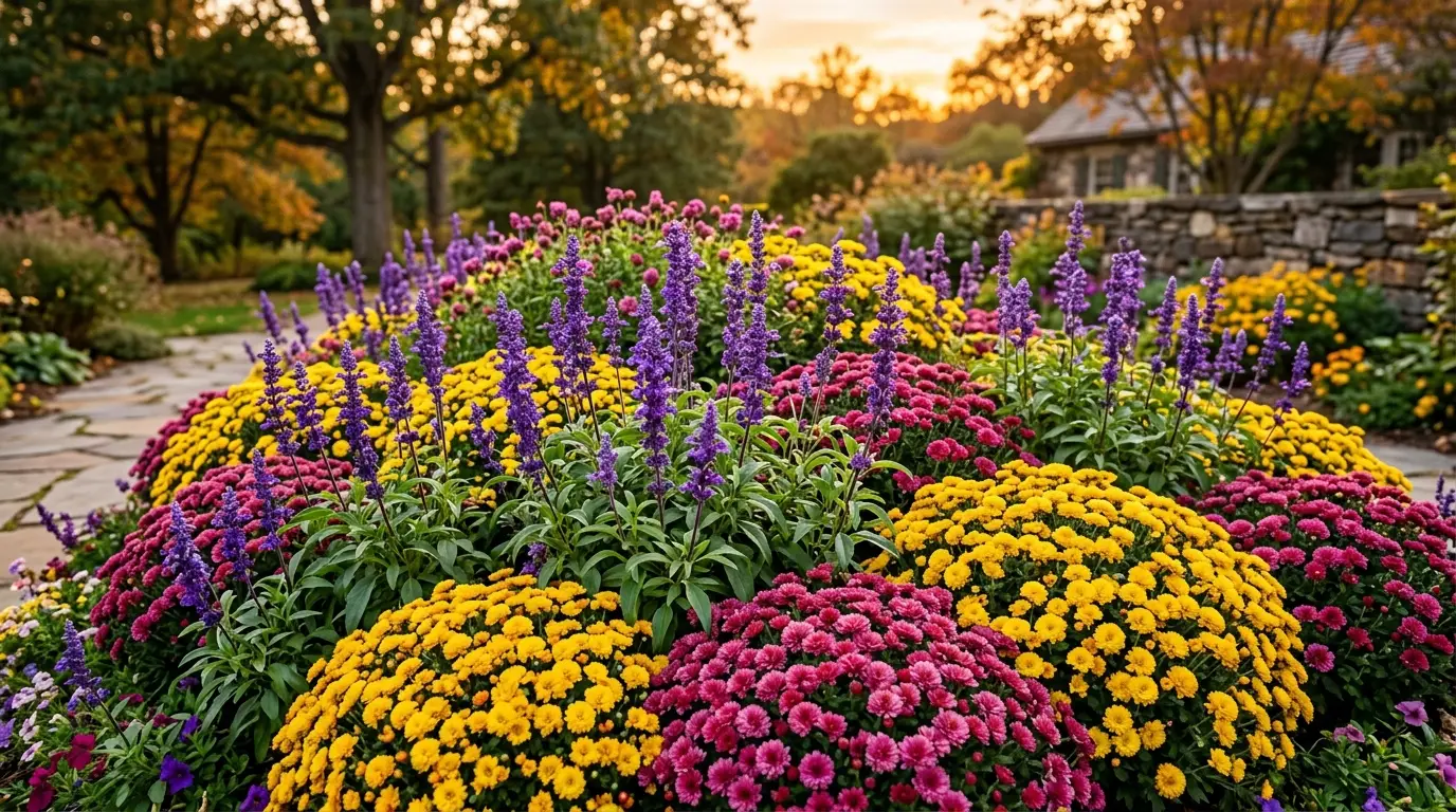 Dense garden bed featuring purple salvia and vibrant yellow and pink chrysanthemums in golden light.