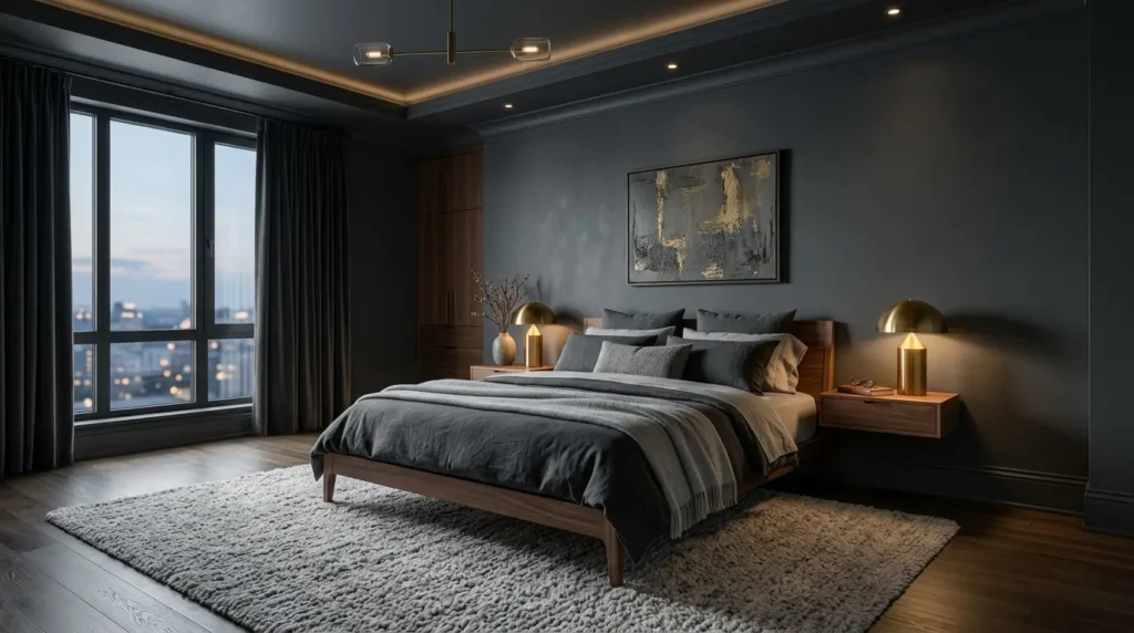 Monochromatic modern luxury bedroom painted entirely in deep moody charcoal grey with walnut wood accents.