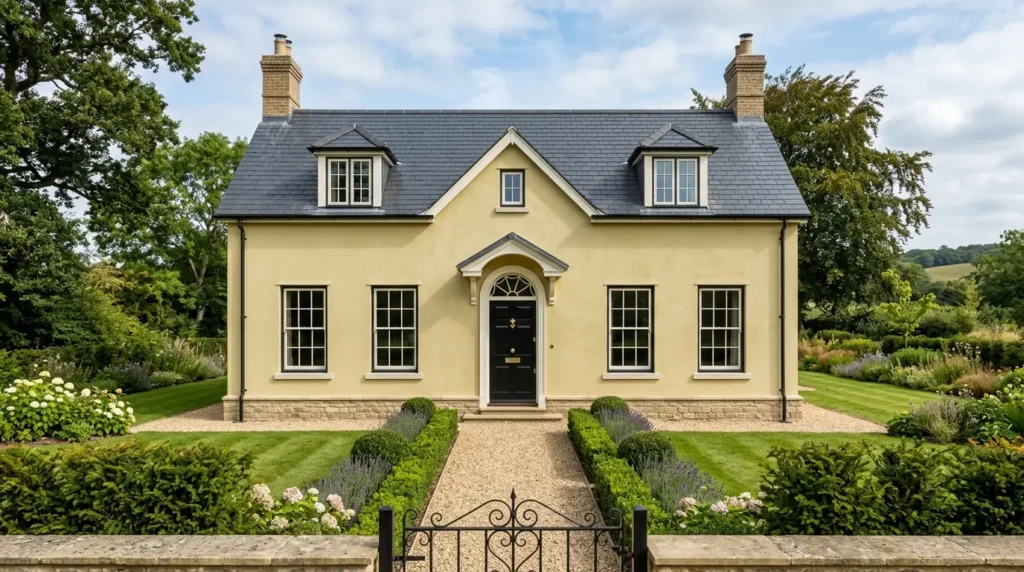 A perfectly symmetrical classic house facade with a central door and mirrored windows