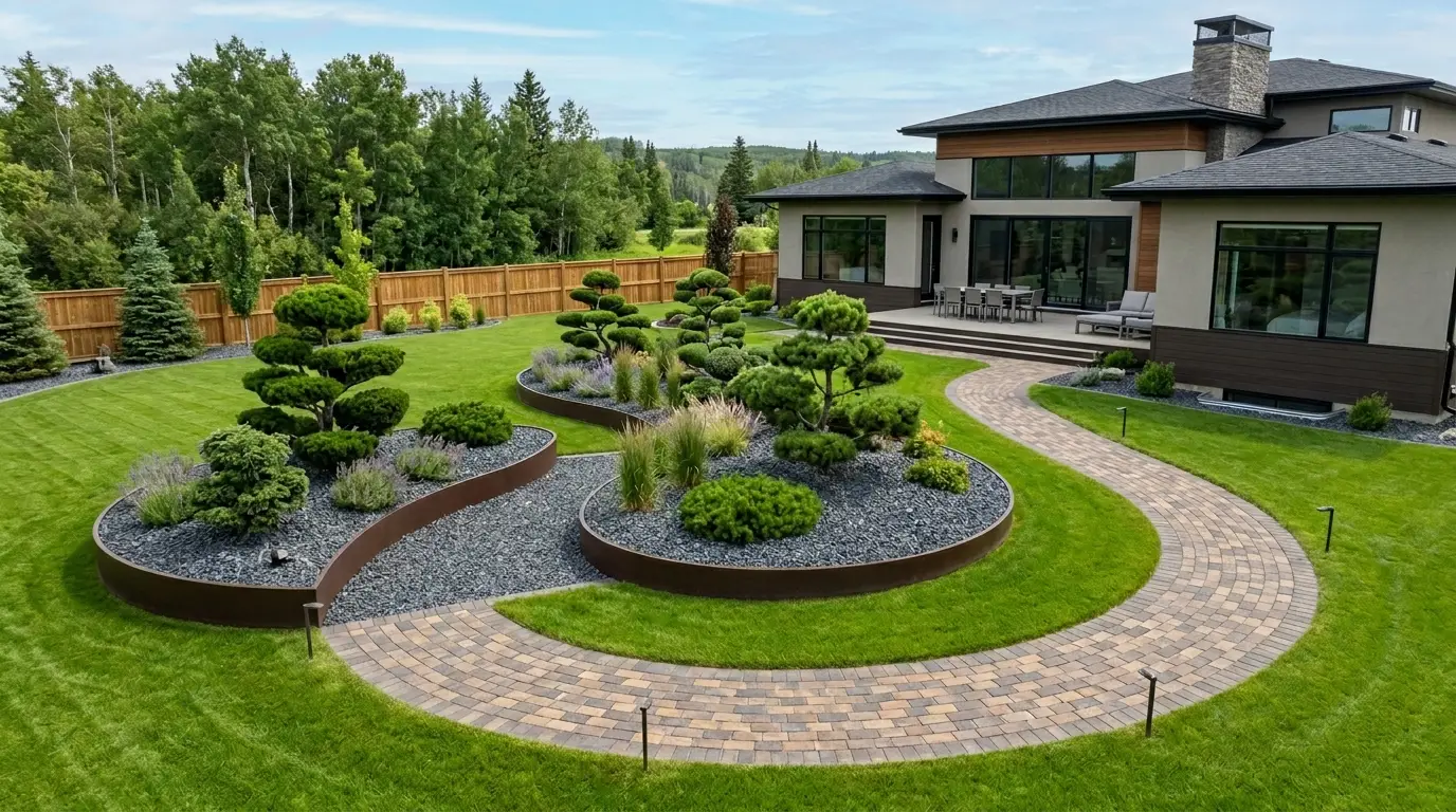 An S-curved dark brown garden border and stone pathway flowing alongside a modern home with matching dark brown trim.