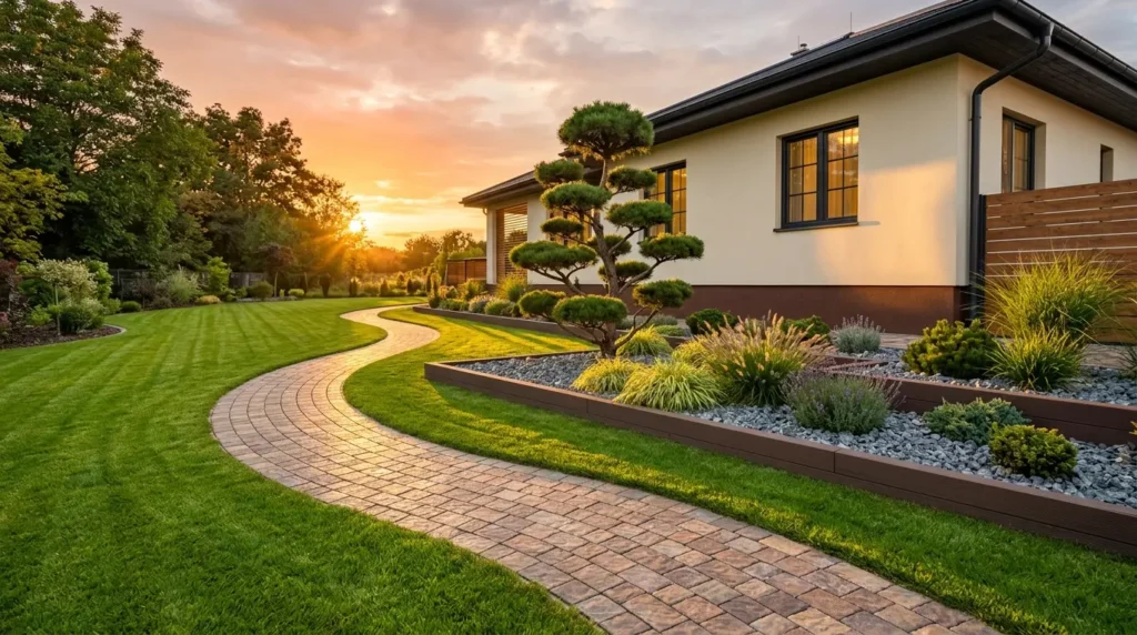 Une cour latérale moderne baignée par la lumière dorée du coucher de soleil, avec un chemin de pierre incurvé, une pelouse verte et un arbre Niwaki à côté d'une maison couleur crème. Une cour latérale moderne baignée par la lumière dorée du coucher de soleil, avec un chemin de pierre incurvé, une pelouse verte et un arbre Niwaki à côté d'une maison couleur crème.