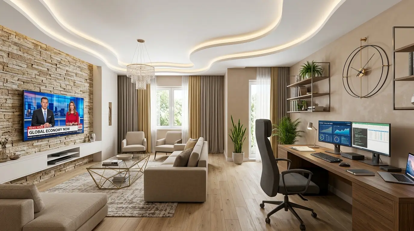 Spacious modern living room highlighting a dedicated executive workspace with a dark oak desk, seamlessly blending into a seating area with a stack-stone media wall. Spacious modern living room highlighting a dedicated executive workspace with a dark oak desk, seamlessly blending into a seating area with a stack-stone media wall.