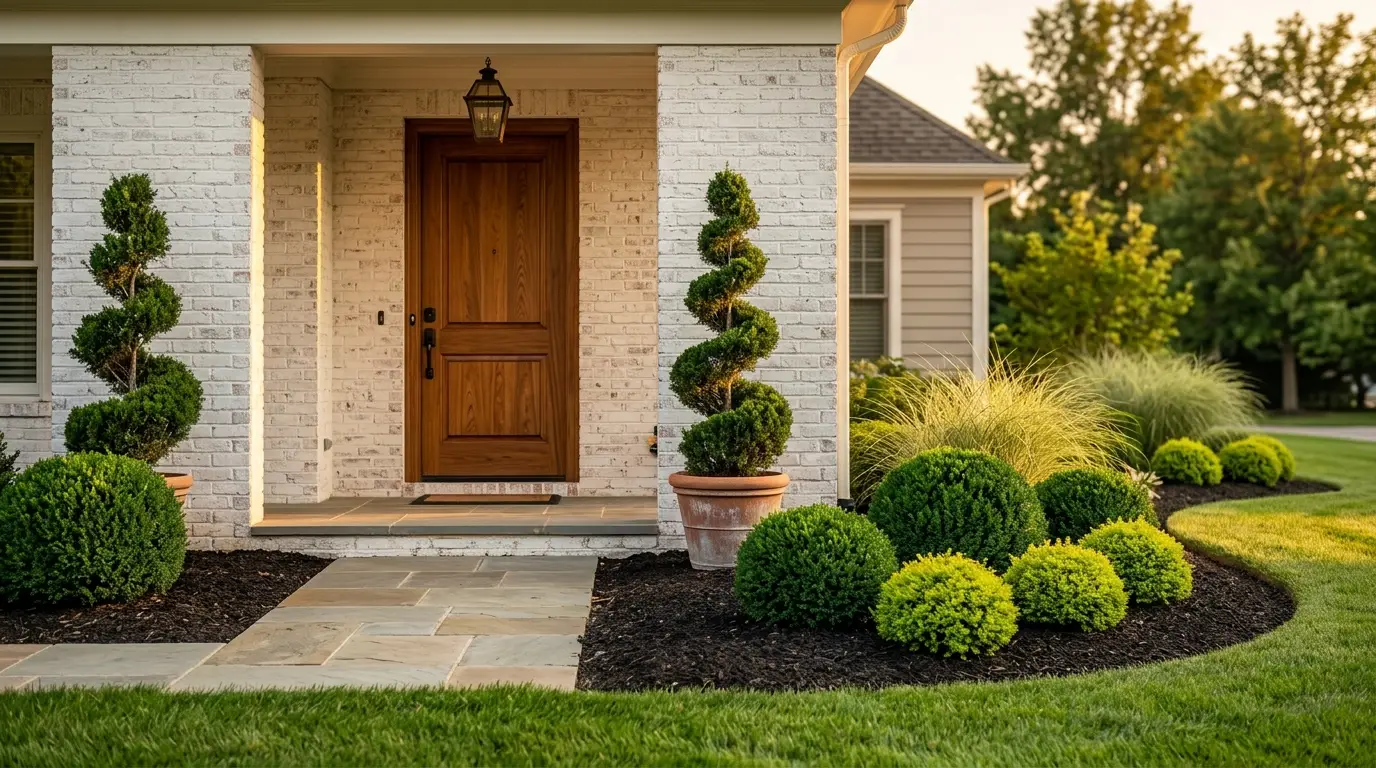 A front entryway featuring whitewashed brick pillars, a warm-wood door, a spiral topiary, and spherical green shrubs bathed in golden hour light.