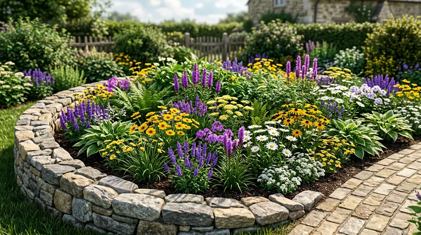 Mid-ground floral display with purple, yellow, and white flowers in a modern garden.