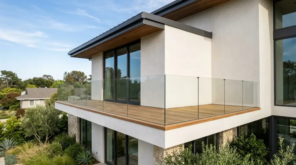 Second-story balcony on a modern home featuring a frameless glass railing and teak wood decking.