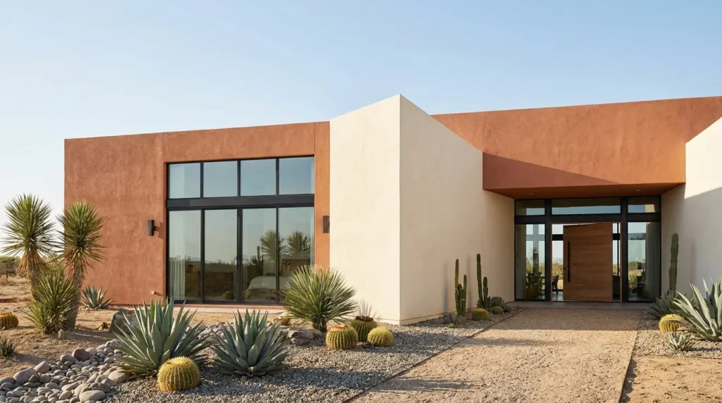 Warm terracotta modern minimalist house with creamy off-white accents and matte black window trim. Warm terracotta modern minimalist house with creamy off-white accents and matte black window trim.