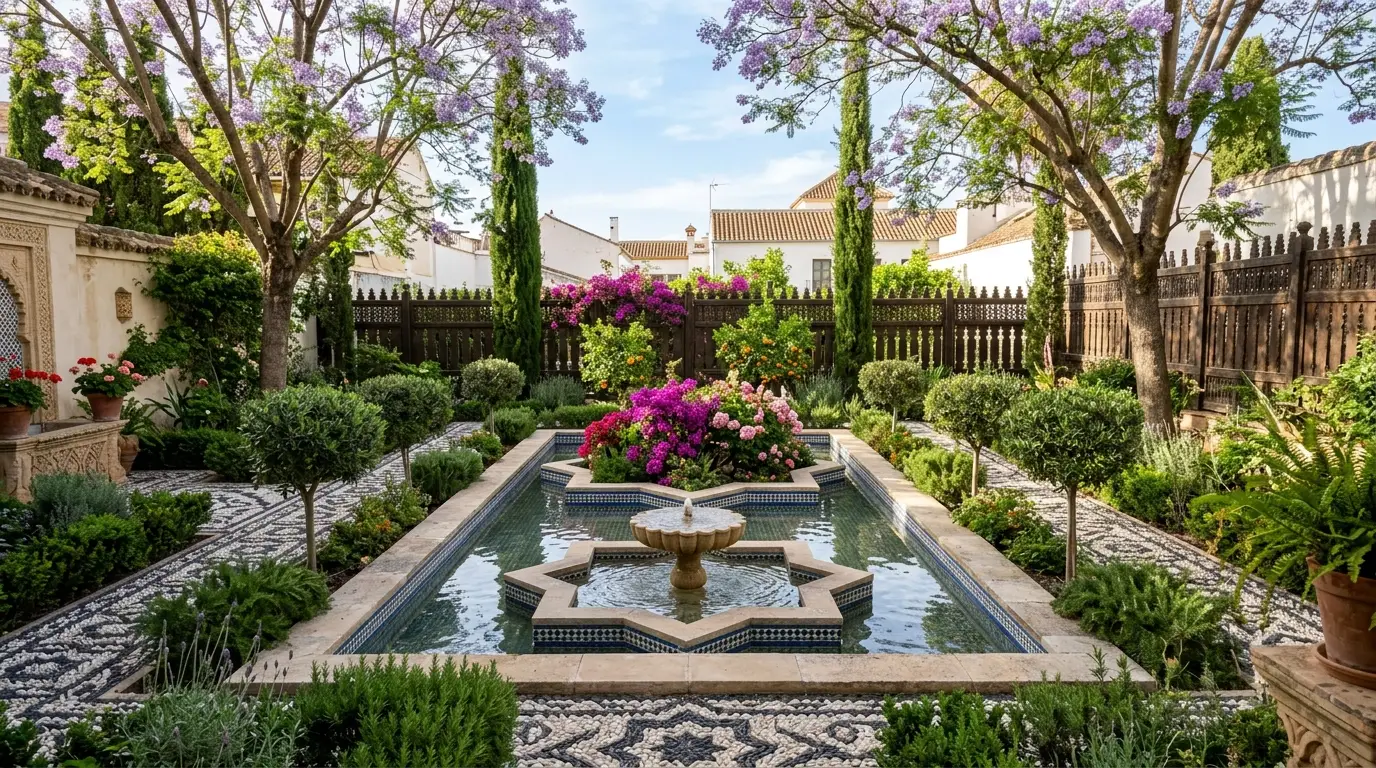 Intricate black and white geometric pebble mosaic pathways surrounding a star-shaped courtyard pond in a landscape design.