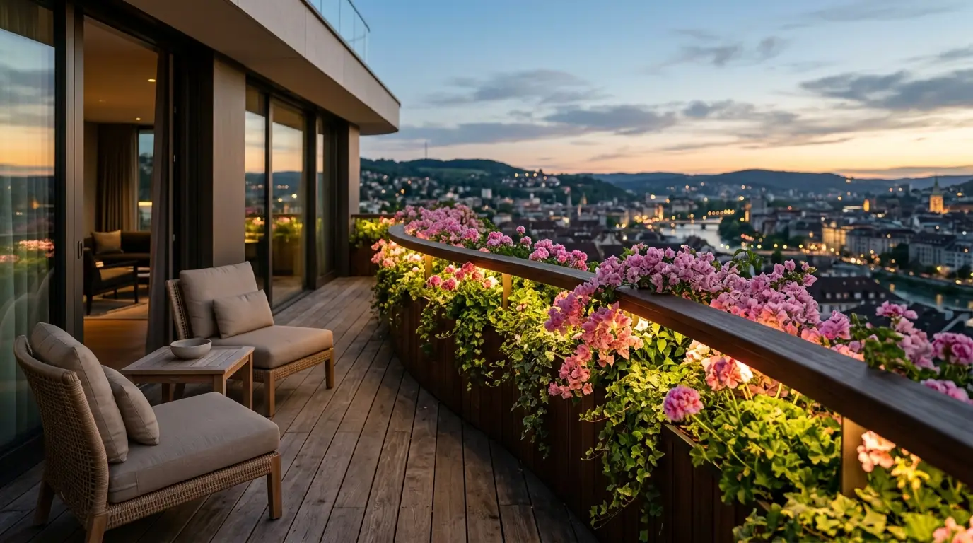 A modern balcony with pink cascading flowers illuminated from within by soft, warm evening lighting.