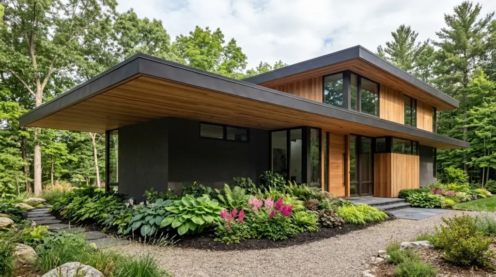 Modern house with a deep cantilevered roof overhang sheltering a lush shade garden of hostas and astilbes. Modern house with a deep cantilevered roof overhang sheltering a lush shade garden of hostas and astilbes.