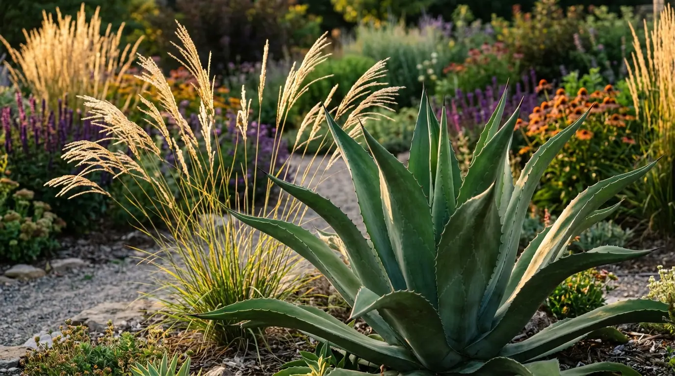 Contrasting garden textures featuring spiky yucca leaves and wispy ornamental grasses in warm light.