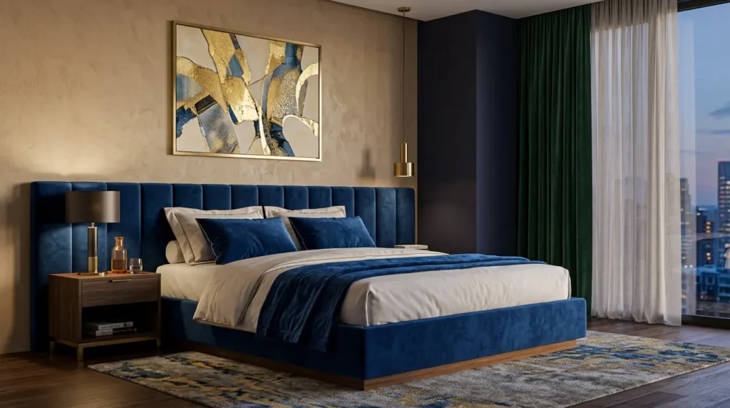 Sapphire blue velvet bed against a beige plaster wall in a jewel-toned modern luxury bedroom.