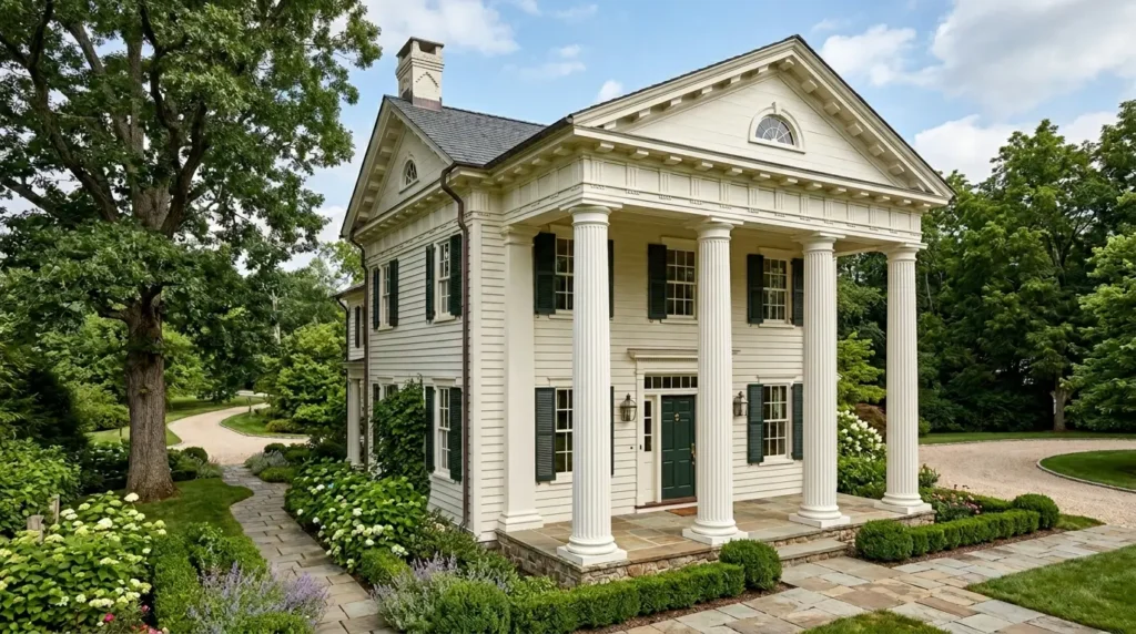 Small classic home featuring tall white Doric columns that add height and grandeur