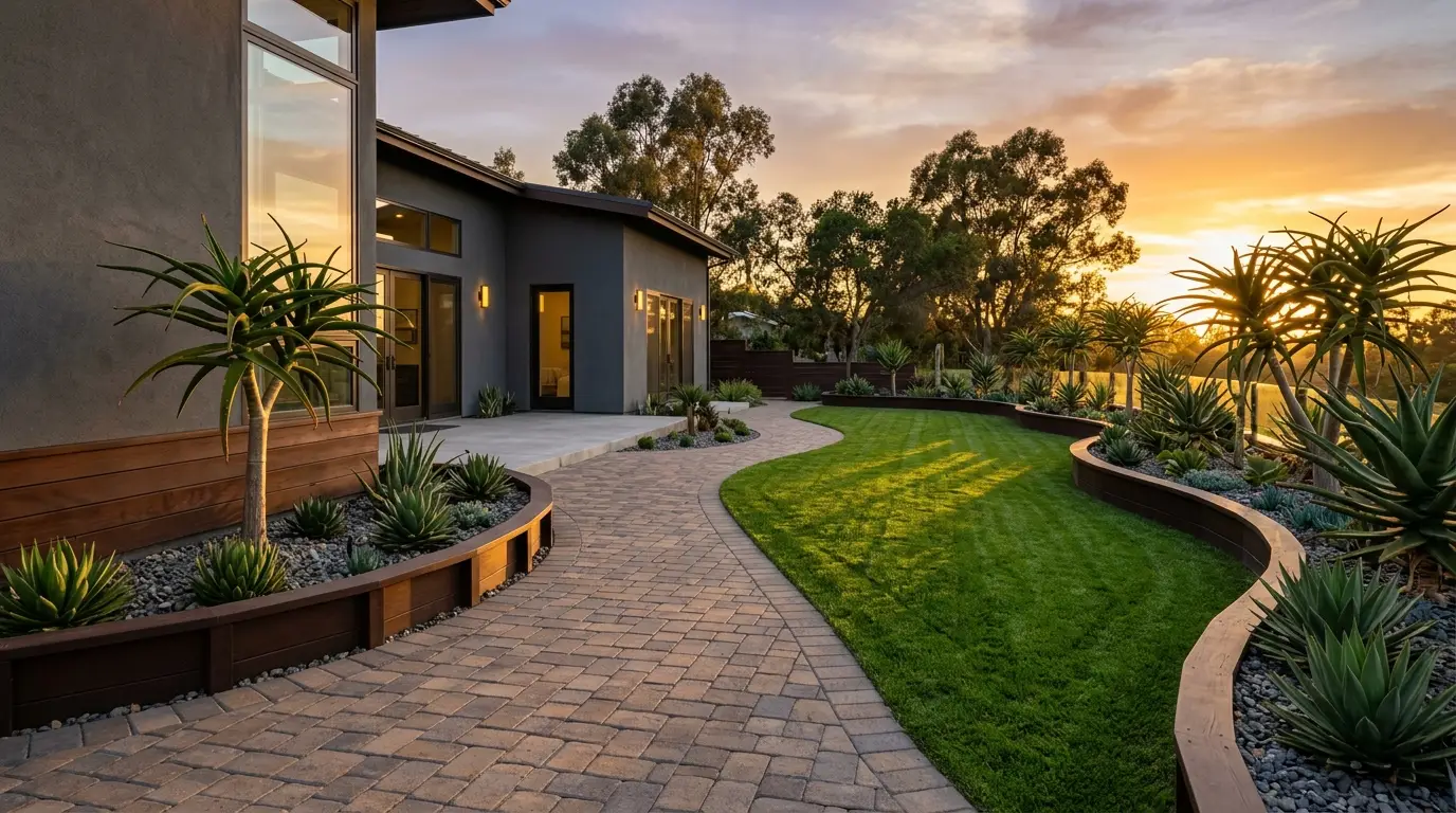 Warm sunset light illuminating matching dark brown garden edging and house trim in a modern residential landscape.