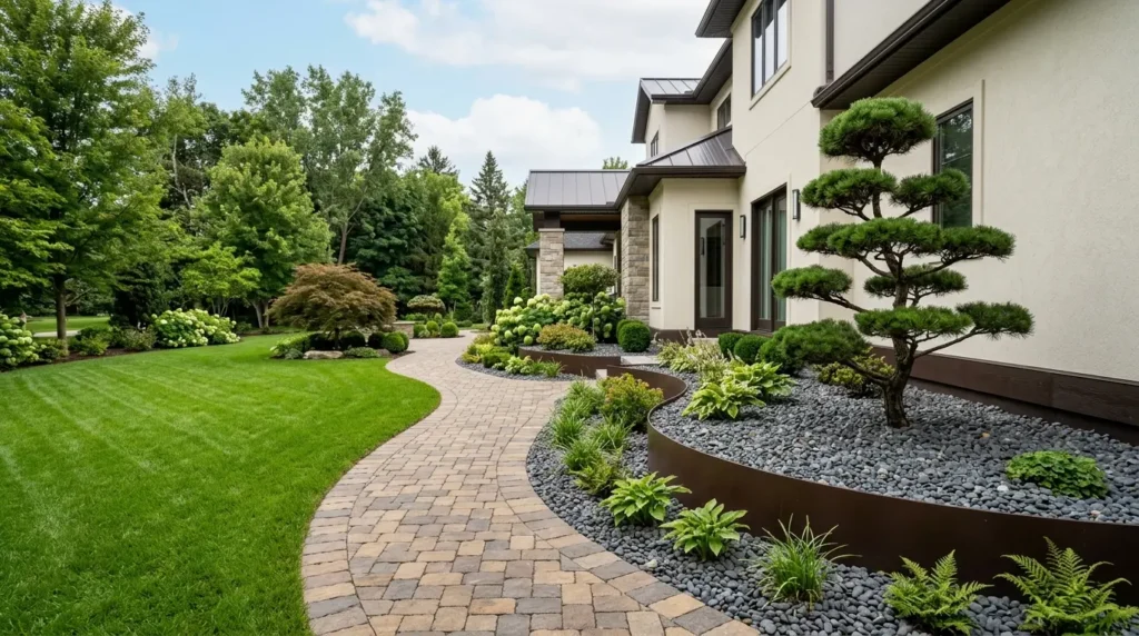 Concentrez votre attention sur la plinthe brun foncé d'une maison couleur crème, bordant un parterre de rocaille gris et un chemin de pierre incurvé dans une cour latérale. Concentrez votre attention sur la plinthe brun foncé d'une maison couleur crème, bordant un parterre de rocaille gris et un chemin de pierre incurvé dans une cour latérale.