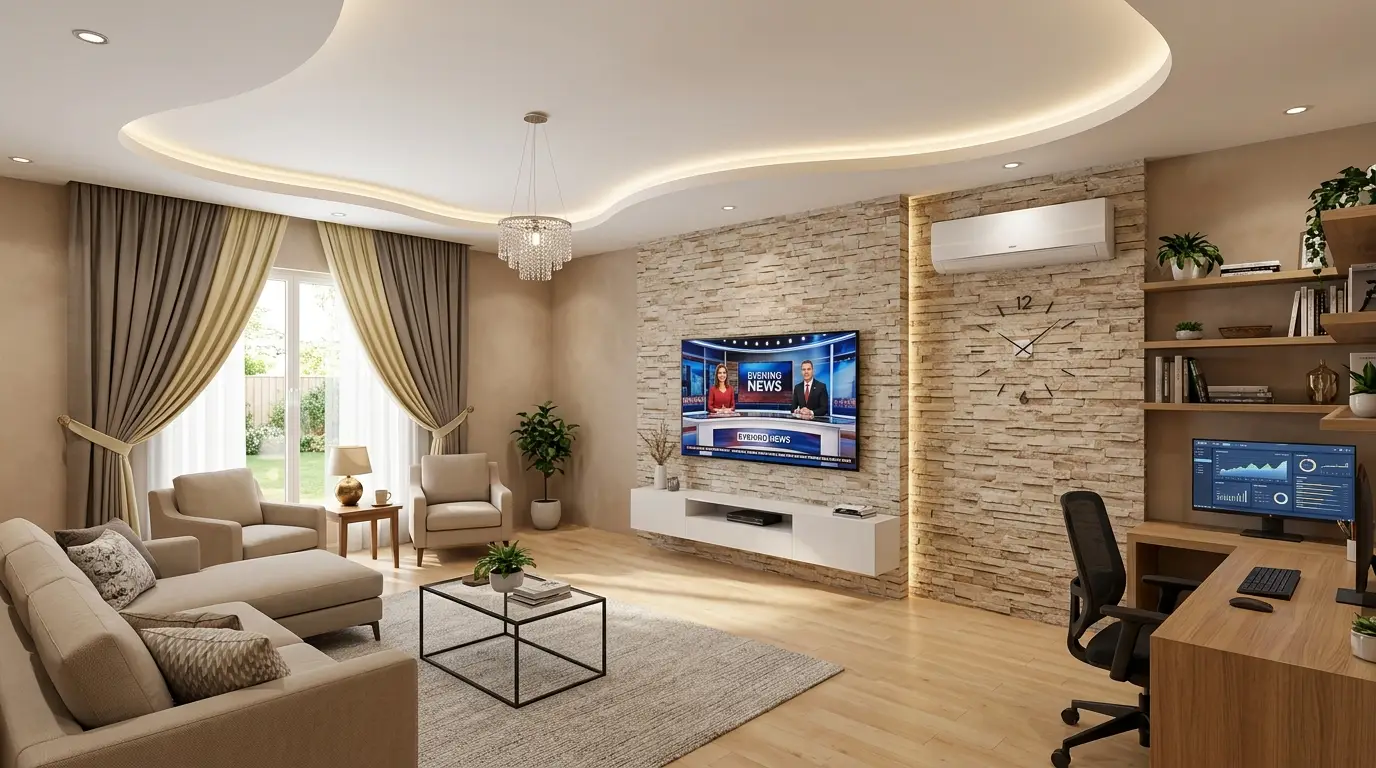 Minimalist modern multi-functional space with subtle LED ceiling lighting, a delicate crystal pendant, muted tan stack-stone, and a sleek, minimal home office desk. Minimalist modern multi-functional space with subtle LED ceiling lighting, a delicate crystal pendant, muted tan stack-stone, and a sleek, minimal home office desk.