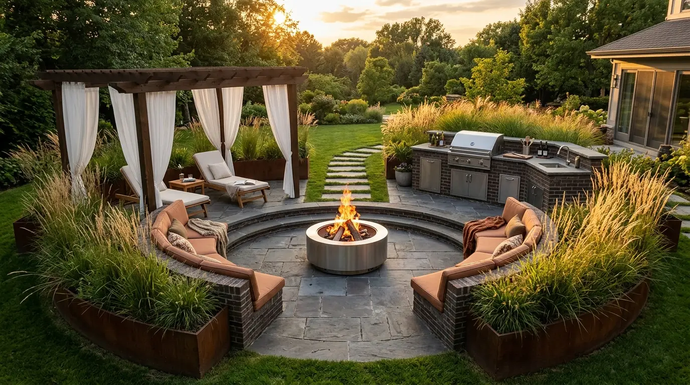 A backyard patio featuring dark brick seating with terracotta cushions, surrounded by Corten steel planters and tall ornamental prairie grass.