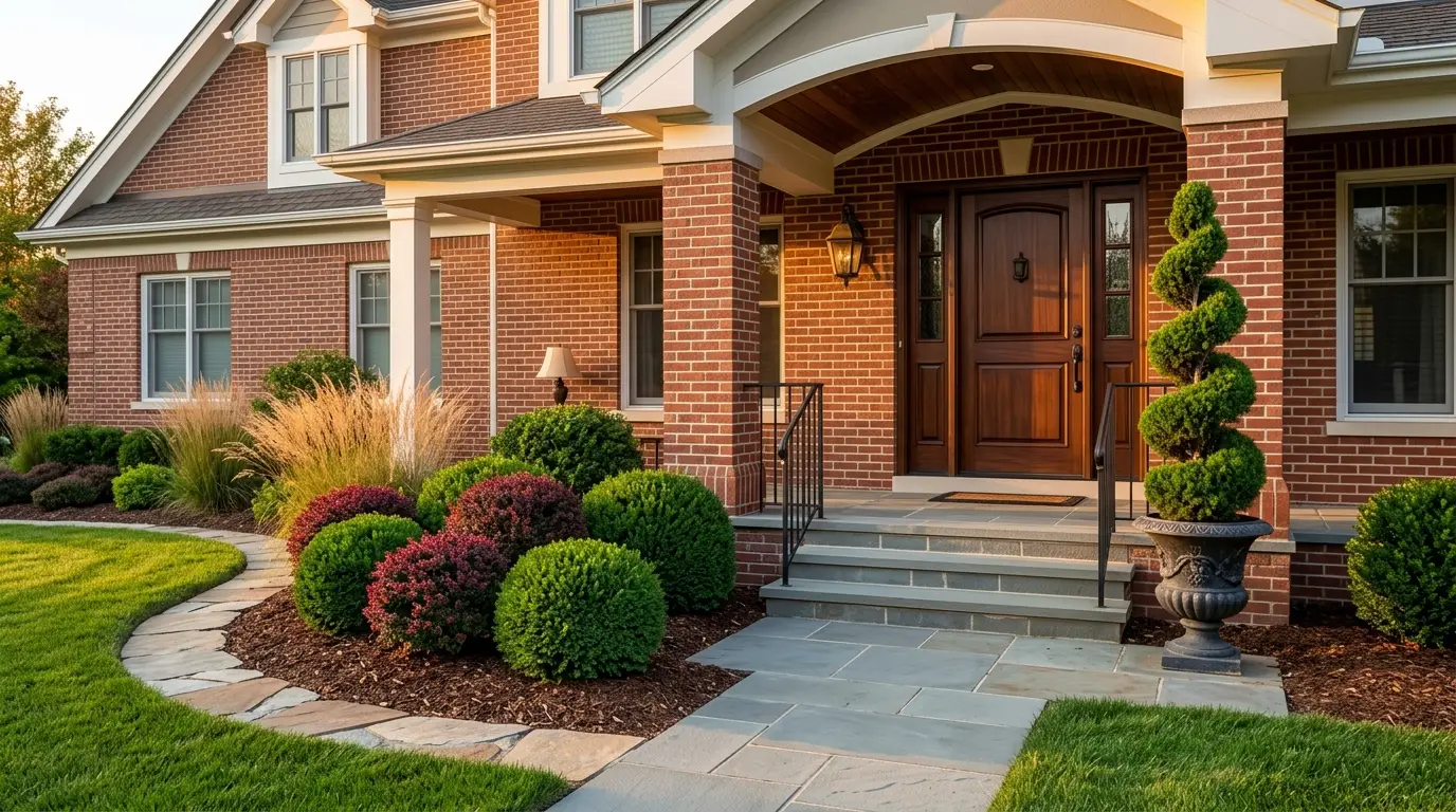A traditional home exterior featuring a spiral topiary, brick pillars, and a mix of deep green and rich burgundy spherical shrubs.