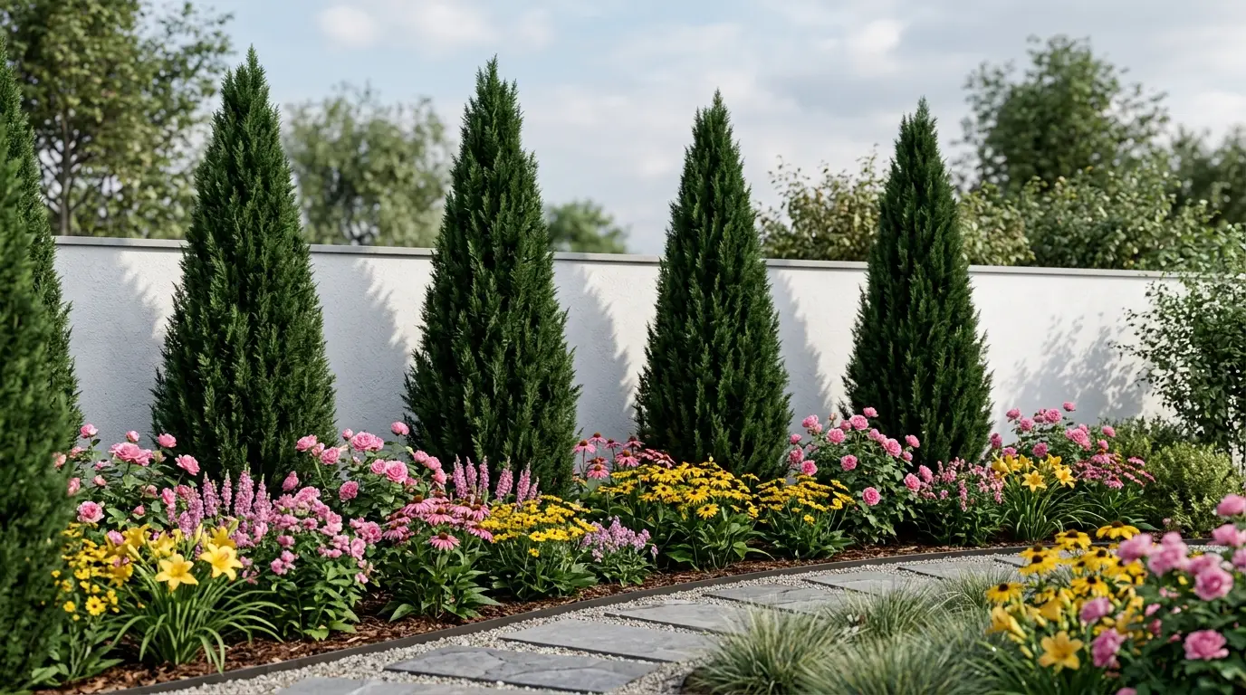 Tall conical evergreen trees providing vertical structure in a modern front yard.
