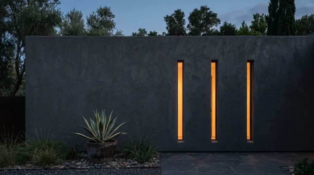Charcoal grey modern house facade featuring three narrow vertical slit windows and a minimalist agave plant.