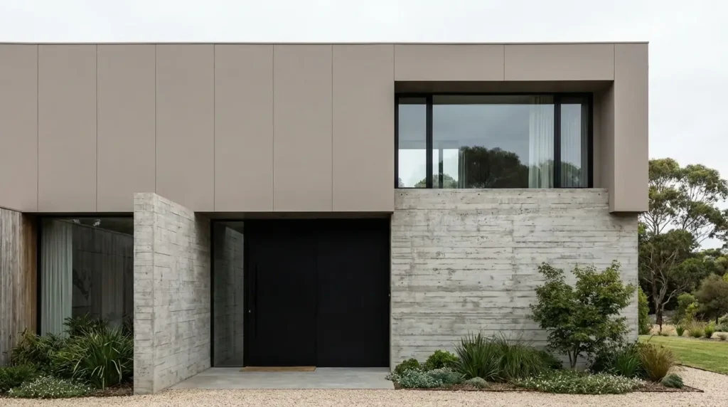 Mushroom taupe modern house exterior paired with textured board-formed concrete and an onyx black door. Mushroom taupe modern house exterior paired with textured board-formed concrete and an onyx black door.