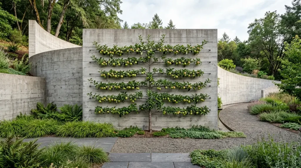 An espaliered apple tree trained geometrically against a board-formed concrete retaining wall. An espaliered apple tree trained geometrically against a board-formed concrete retaining wall.