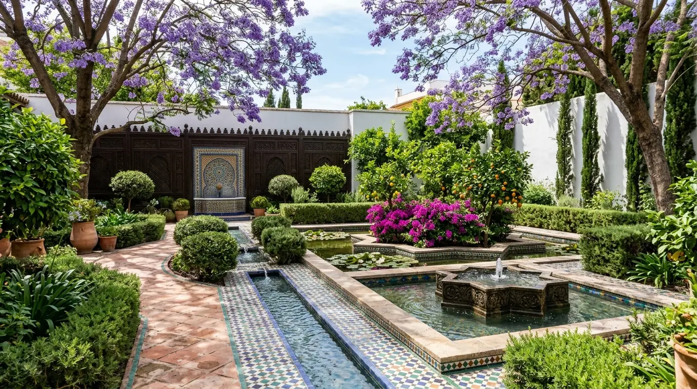 An ornate tiled wall fountain feeding a narrow water rill that flows into a central star-shaped pond in a lush garden.