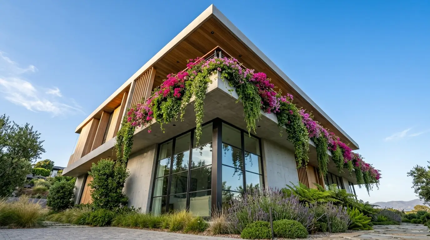 A wide shot from the ground looking up at a modern two-story home with a vibrant, flower-filled balcony.