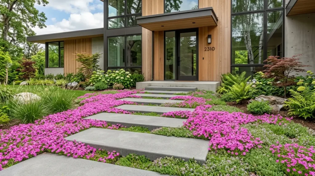 Floating concrete step walkway surrounded by blooming pink creeping phlox and thyme in a modern garden. Floating concrete step walkway surrounded by blooming pink creeping phlox and thyme in a modern garden.