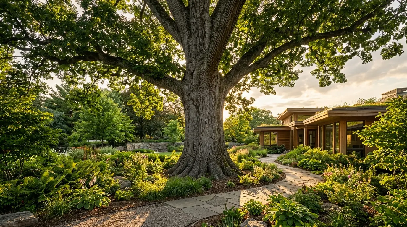 A large mature tree with grey bark casting soft shadows over a dense craftsman garden.