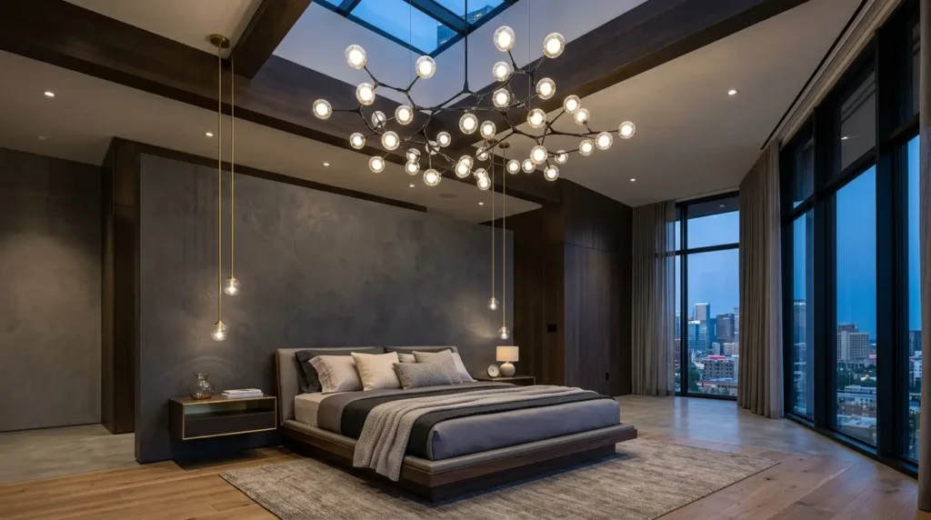 Sculptural modern black chandelier and brass pendant drop lights in a luxury master bedroom.