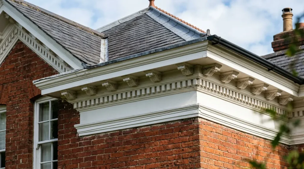 Detailed white cornice with traditional dentil molding on the exterior of a classic brick house
