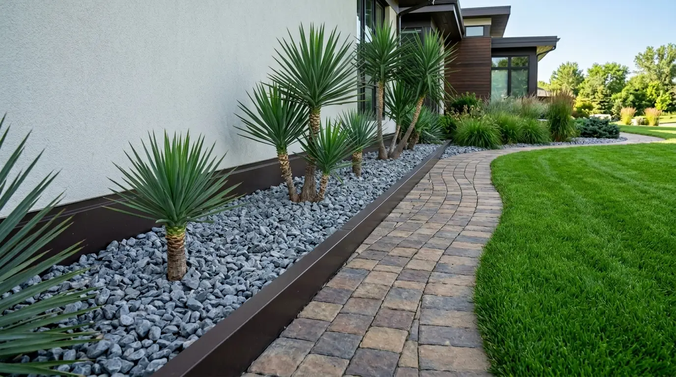 Clean grey rock ground cover filling the space between a dark brown house baseboard and a matching dark brown raised garden edge.