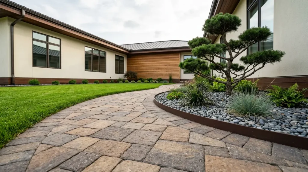 Gros plan en contre-plongée de pavés autobloquants bruns, beiges et gris formant un chemin incurvé dans une cour latérale paysagée moderne. Gros plan en contre-plongée de pavés autobloquants bruns, beiges et gris formant un chemin incurvé dans une cour latérale paysagée moderne.