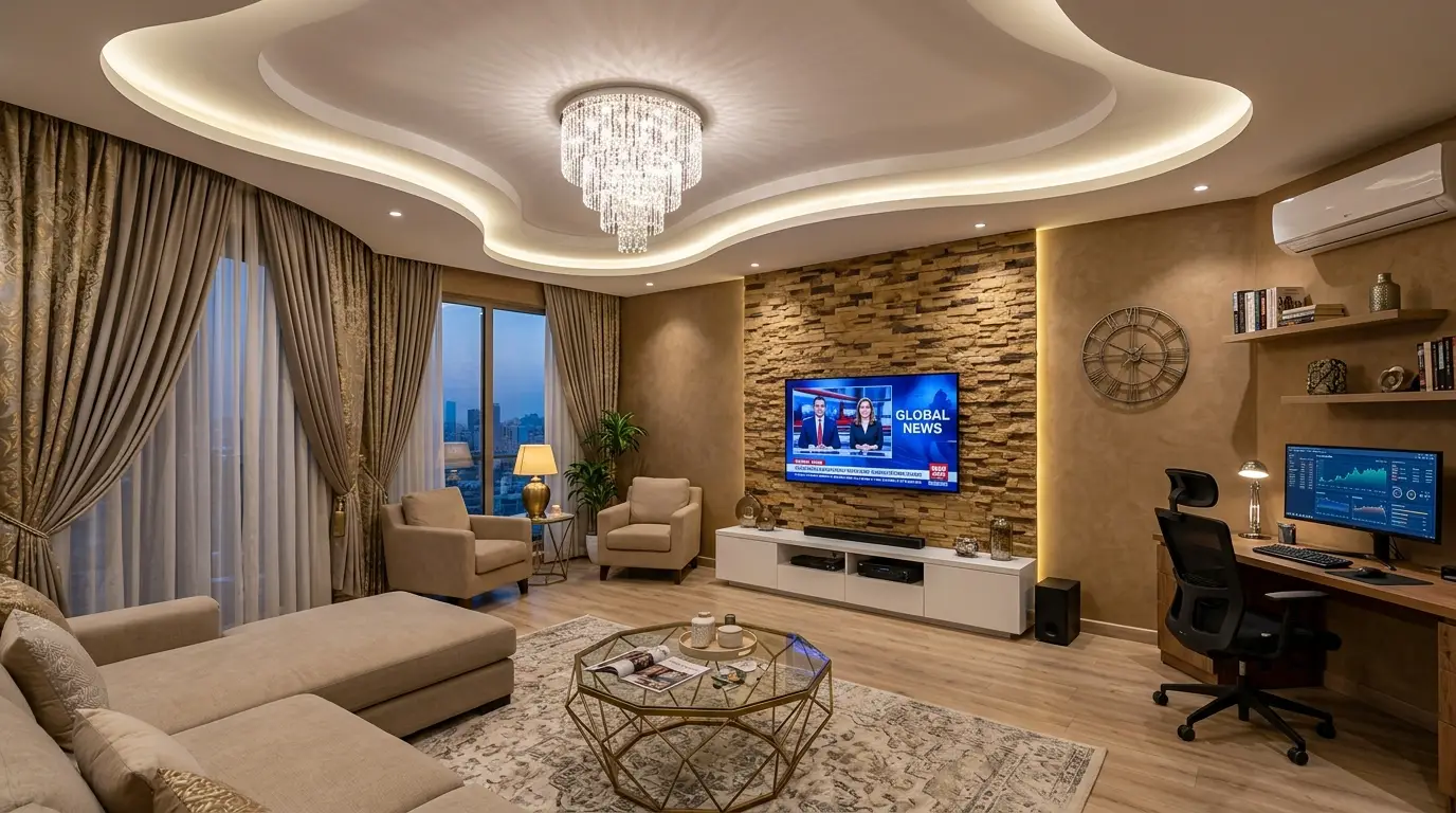 Luxury living room featuring deep tan textured plaster walls that contrast sharply against a white LED false ceiling, a stack-stone media wall, and a wooden workspace. Luxury living room featuring deep tan textured plaster walls that contrast sharply against a white LED false ceiling, a stack-stone media wall, and a wooden workspace.