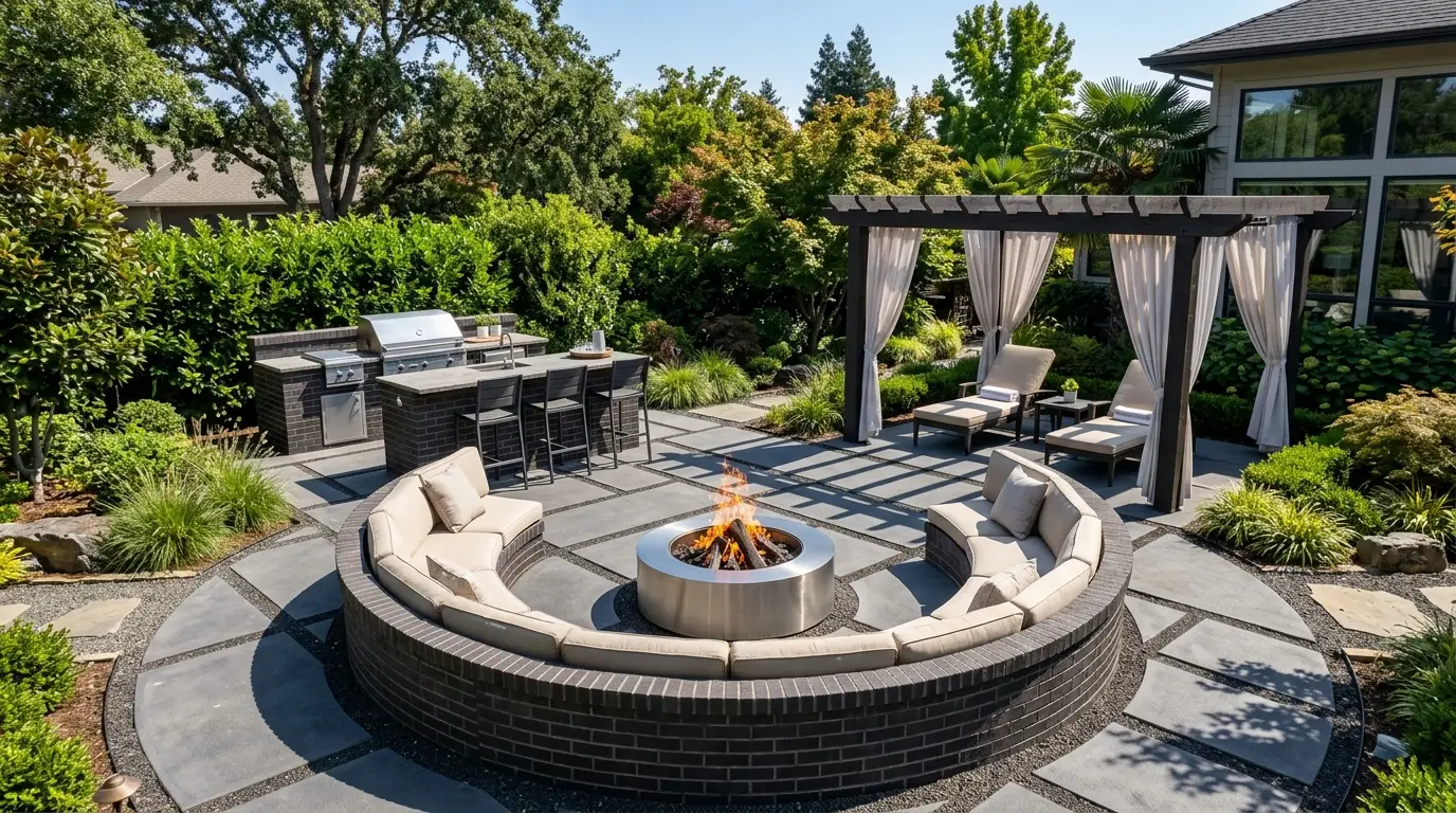 An outdoor circular seating area and kitchen built on large geometric concrete pavers set in dark decomposed granite.