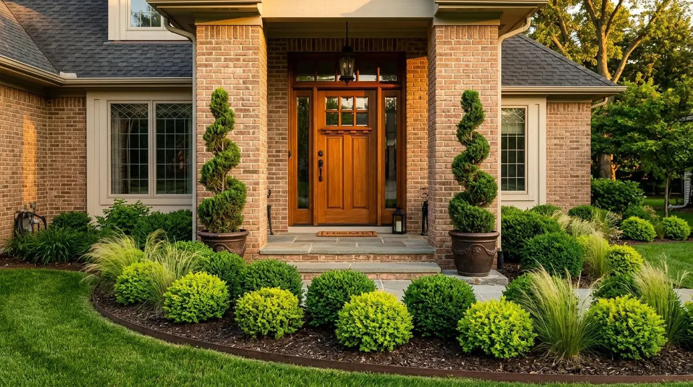 A suburban entryway flanked by two identical spiral topiaries, spherical green shrubs, brick pillars, and a sweeping garden bed.