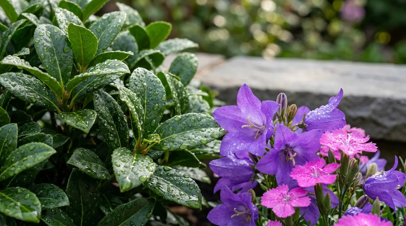 Detailed textures of shrubs and flowers in a modern elegant garden.