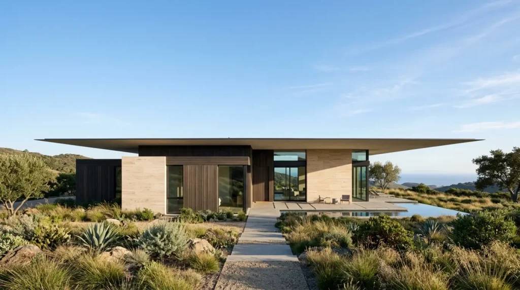 Single-story modern organic minimalist home with a sharp, flat roofline and travertine stone siding.