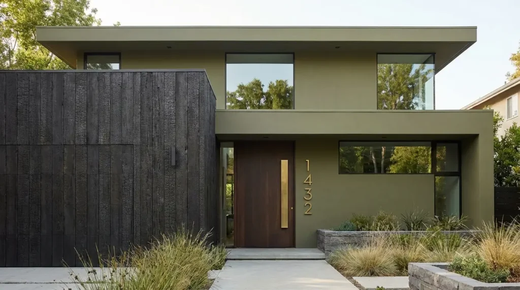 Muted olive green modern home featuring charred black wood siding and unlacquered brass accents. Muted olive green modern home featuring charred black wood siding and unlacquered brass accents.